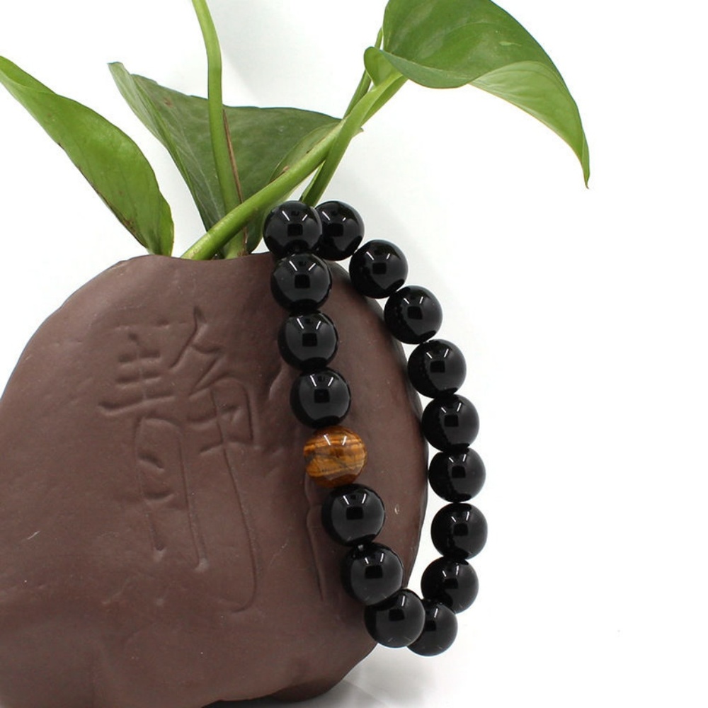 Mens Tiger's Eye Black Agate Bead Stretch Bracelet - Picture 6 of 8